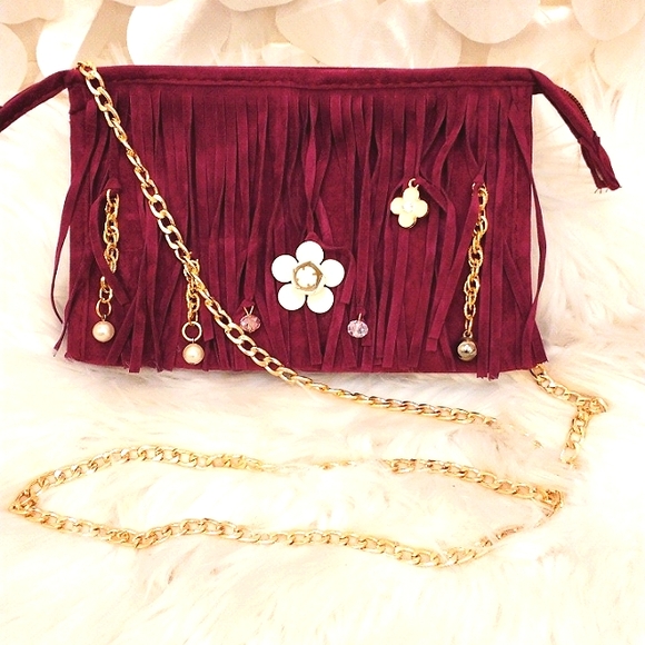 CROSSBODY Bag Purple Fringed Purse  Clutch Purse Bag BEAUTIFUL Camelia Roses - Picture 2 of 12